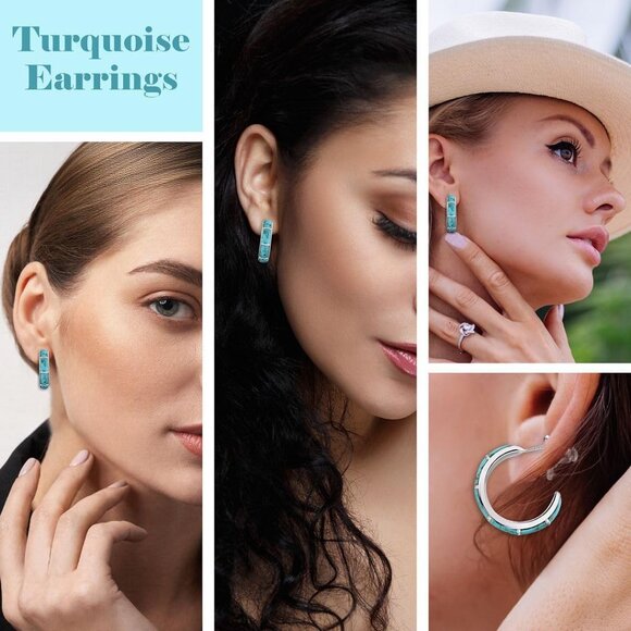 Sterling Silver Turquoise Hoop Earrings Women Gift Jewelry Wedding Anniversary - Picture 2 of 6